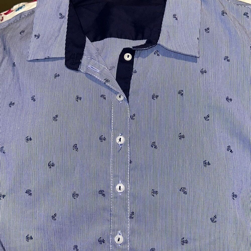 Dalia Ladies Medium Blue Pinstripe Nautical Half Button Front 3/4 Sleeve Shirt